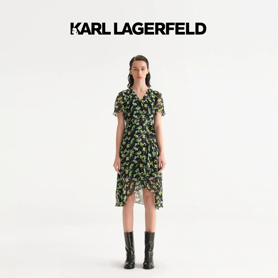 【晨粉专享价】KARL LAGERFELD夏印花雪纺连衣裙老佛爷E33L1361