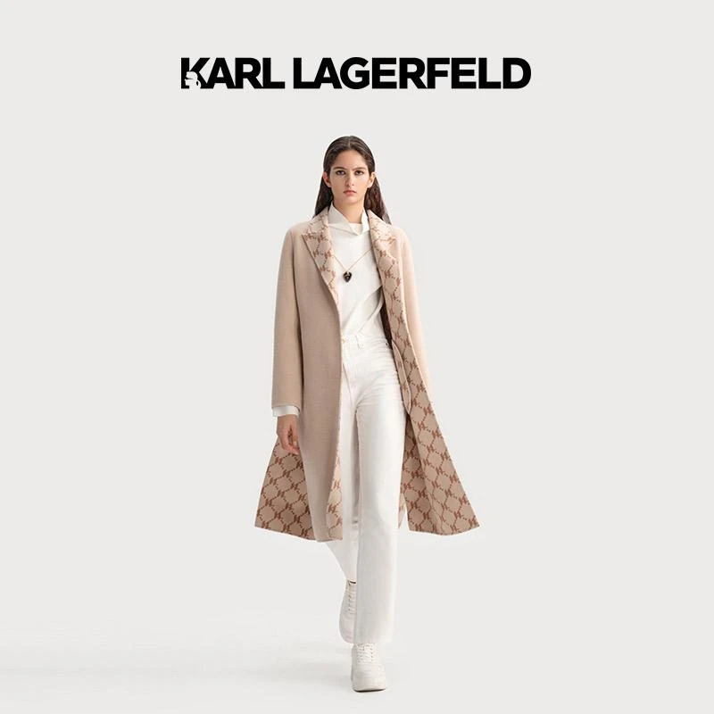 【若谷专属】KARLLAGERFELD秋款米色提花系带长款大衣E37W1580