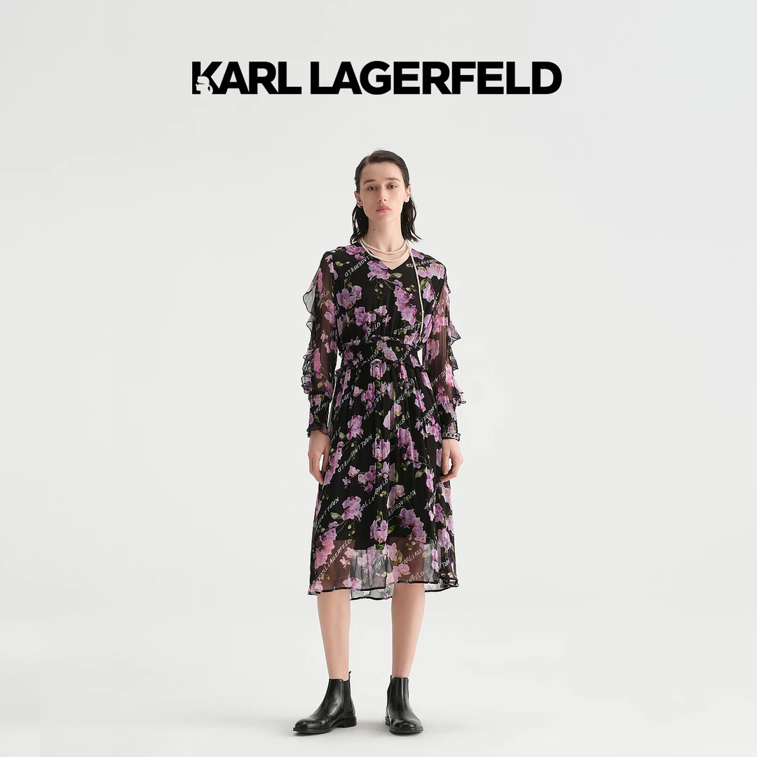 【官方】KARL LAGERFELD卡尔拉格斐2023夏荷叶边印花连衣裙E33L1391