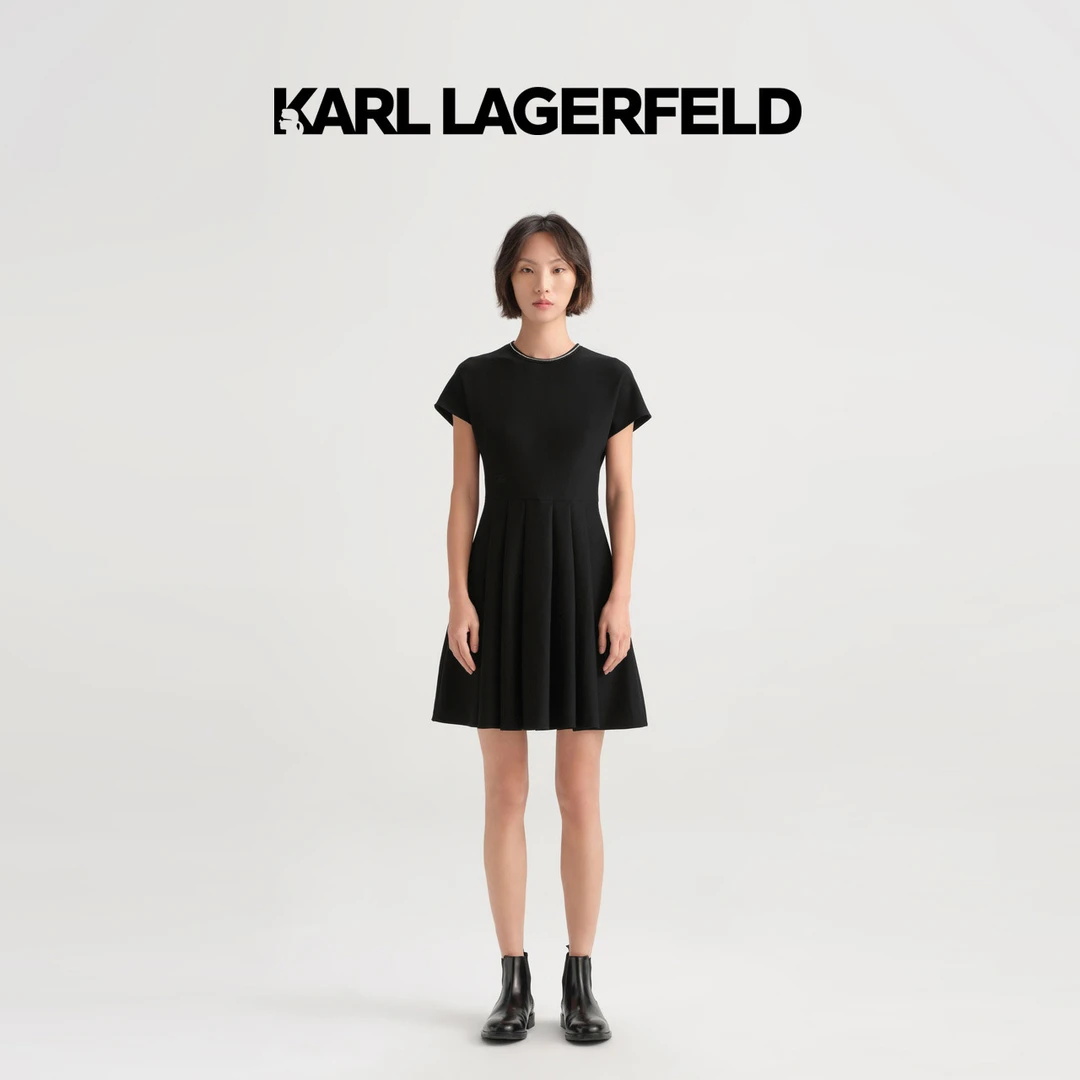 【官方】KARL LAGERFELD卡尔拉格斐春黑色圆领短袖女连衣裙E42W13B3