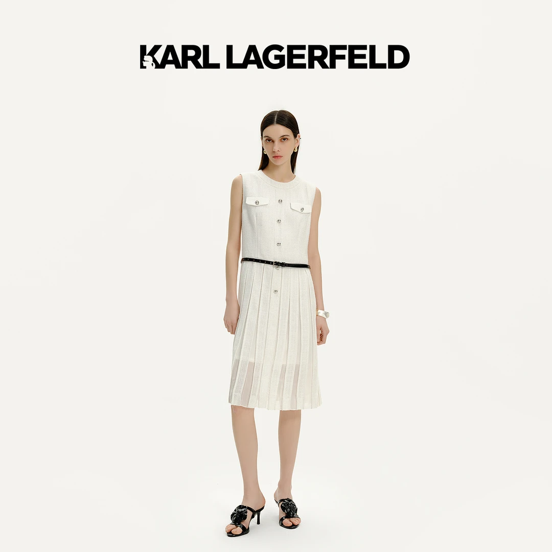 【官方】KARL LAGERFELD卡尔拉格斐2024花纱无袖百褶连衣裙E42W1376