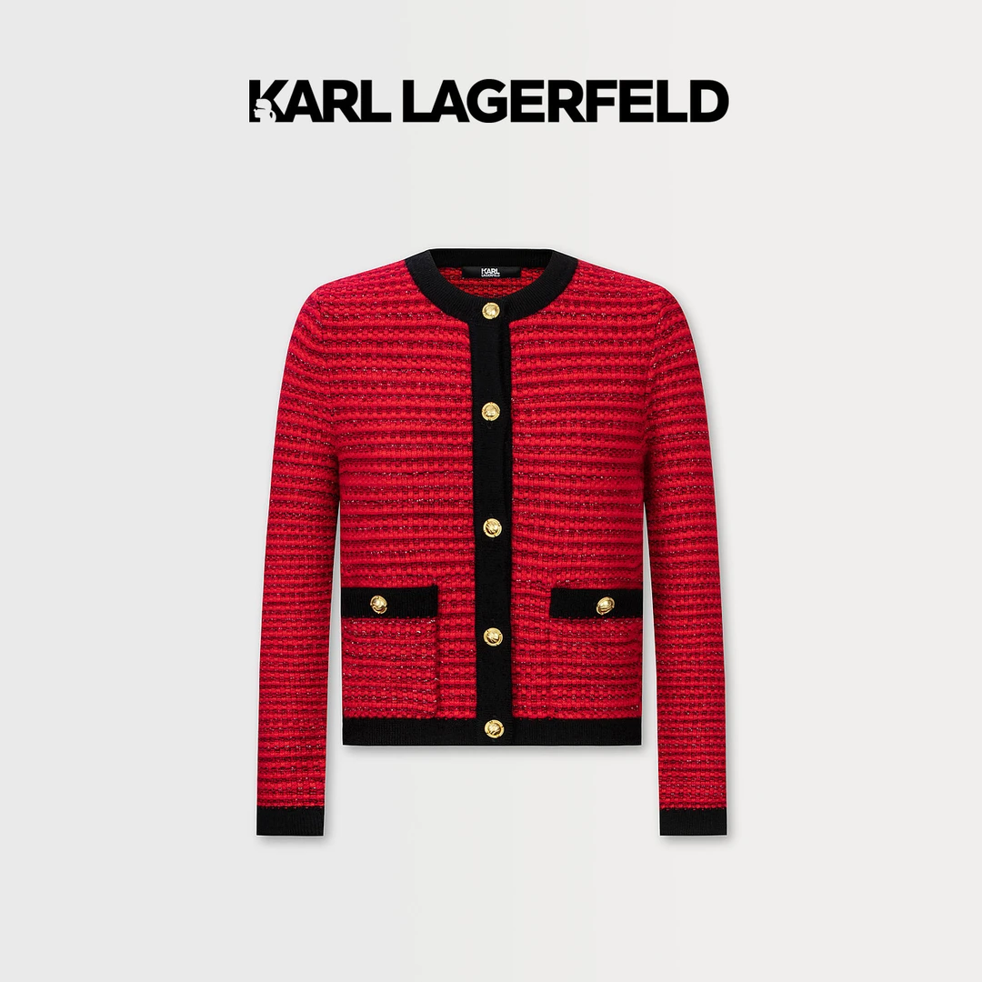 【婷婷专属】KARL LAGERFELD红色短款粗花呢开衫E41W2068