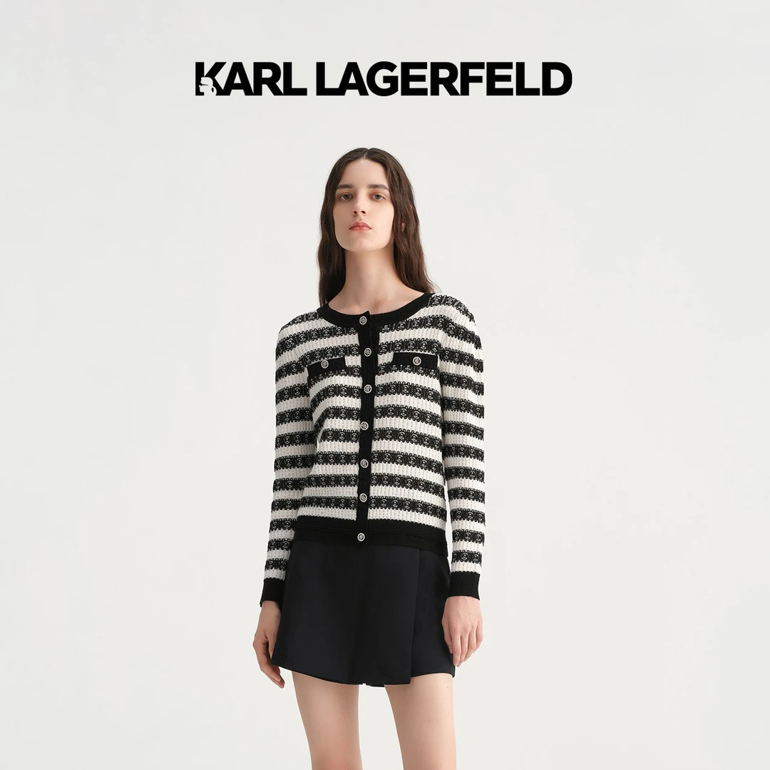 【晨粉专享价】KARL LAGERFELD秋黑白条纹撞色双袋针织开衫E36W2007