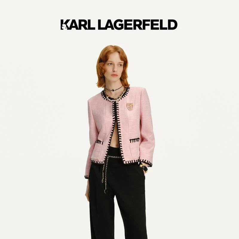 【官方】KARL LAGERFELD卡尔拉格斐24粉色粗花呢外套老佛爷241L1419