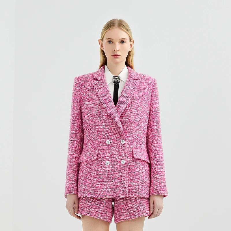 【娜娜】KARL LAGERFELD玫红色粗花呢长款夹克221L1404