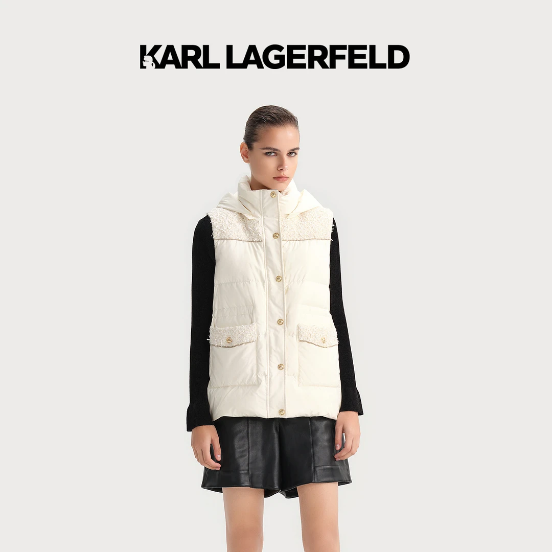 KARL LAGERFELD卡尔拉格斐秋拼接菱格绗缝连帽羽绒马甲E37W1575