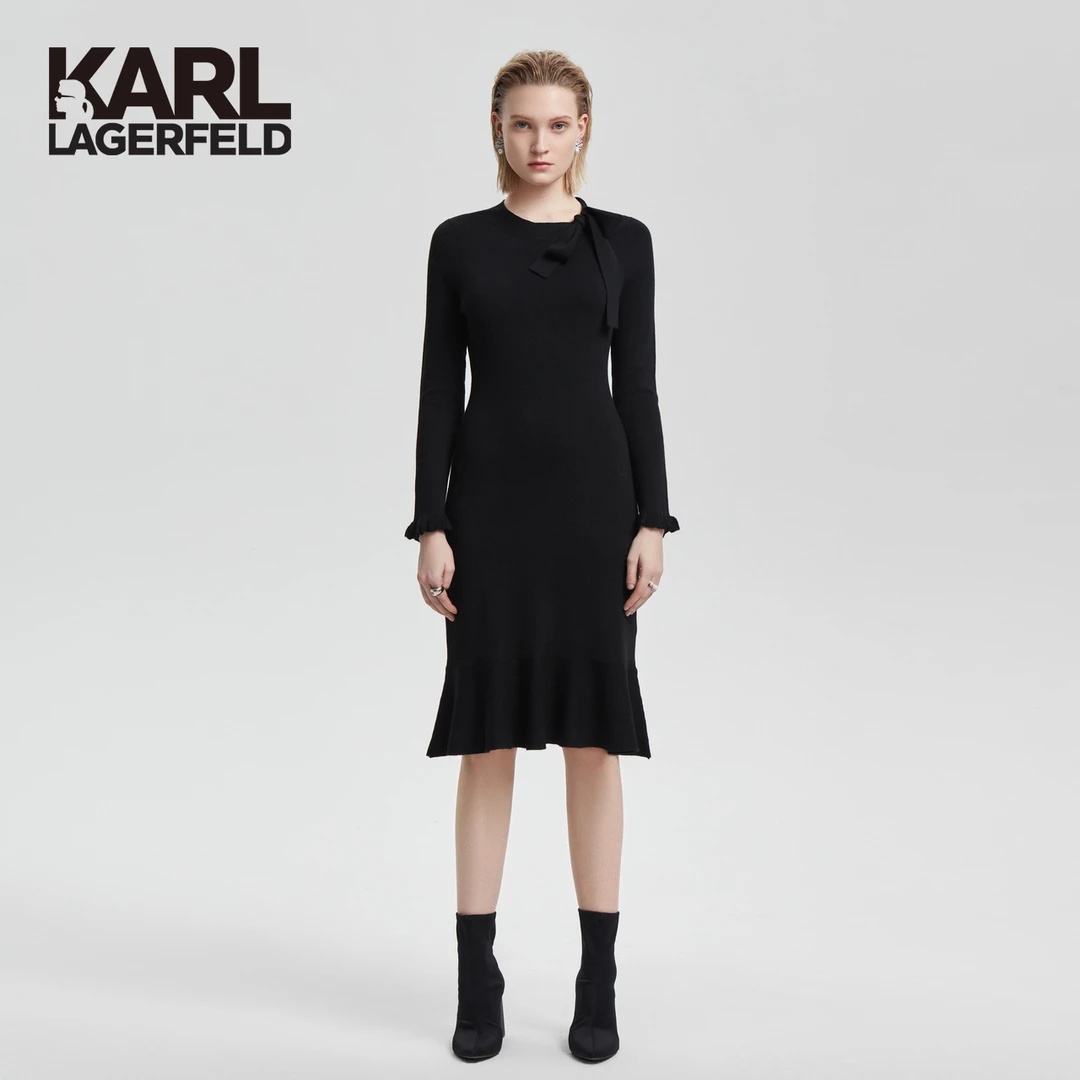 【晨粉专享价】KARL LAGERFELD荷叶边黑色简约修身连衣裙E37W1343