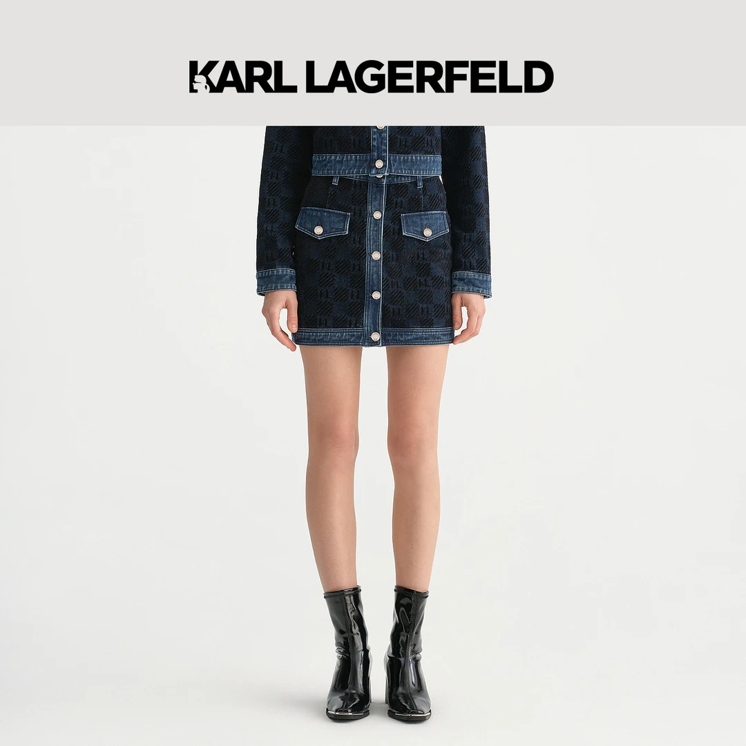 【官方】KARL LAGERFELD卡尔拉格斐秋KL格纹拼接撞色半裙E36W1211