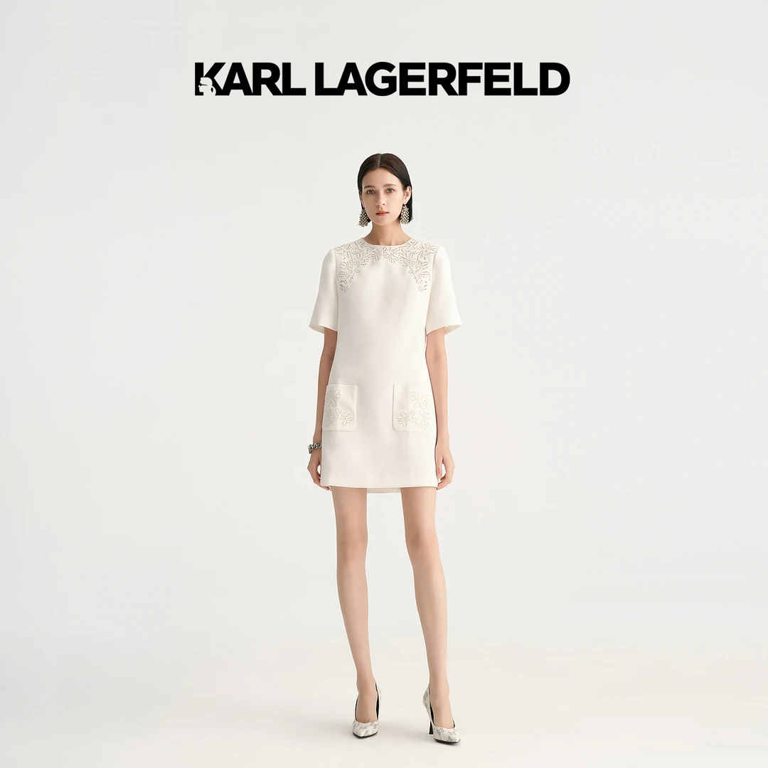 【官方】KARL LAGERFELD卡尔拉格斐夏镂空花纹短袖连衣裙231L1393