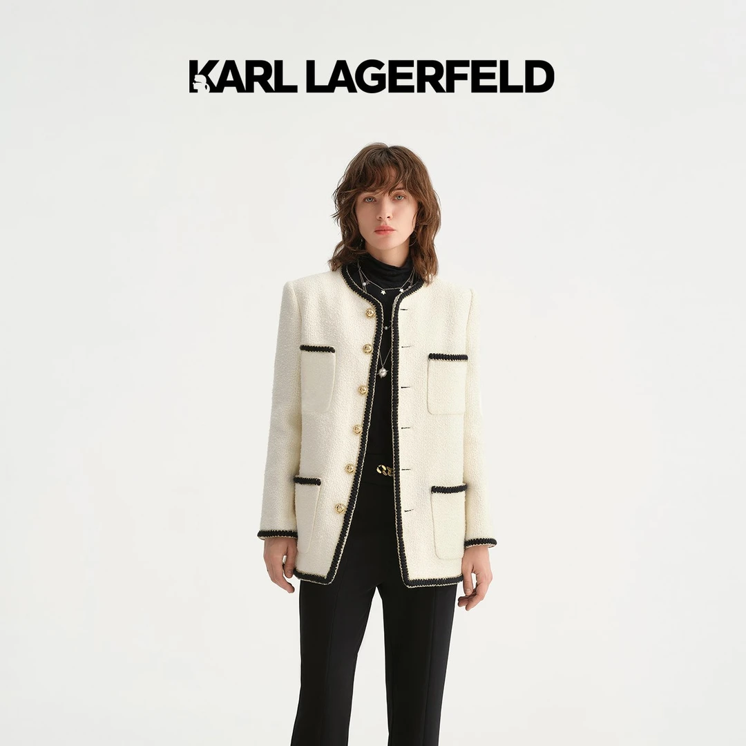 【官方】KARL LAGERFELD黑白撞色花边无领小香风外套E36W1529