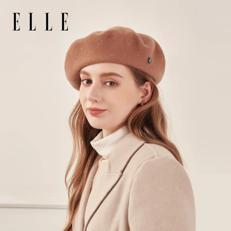ELLE贝雷帽女士秋冬百搭复古气质满钻画家帽保暖蓓蕾帽34WE14017