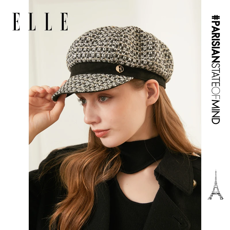 ELLE小香风八角帽女春秋款格纹八角帽画家帽时尚鸭舌帽33WE12003