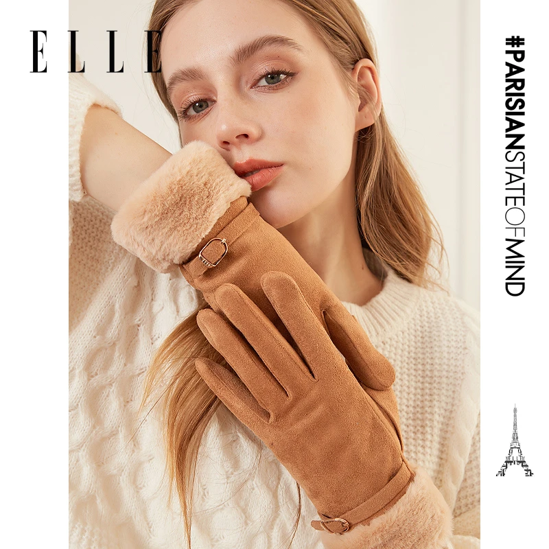 ELLE分指手套女秋冬季户外保暖加绒加厚可触屏骑行开车33WE33021