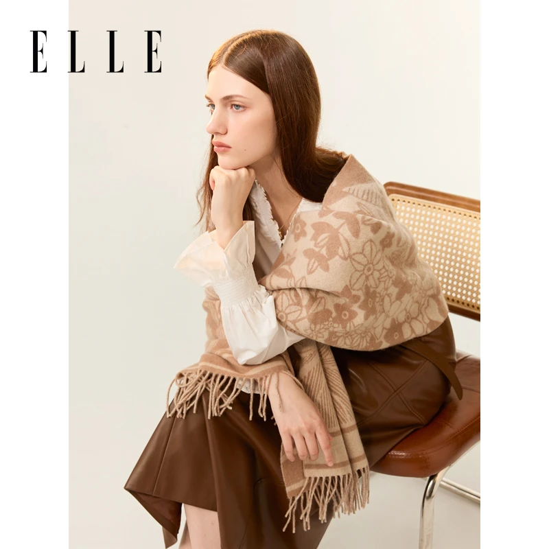 ELLE女士100%绵羊毛花卉提花围巾秋冬季百搭时尚保暖35WE24022
