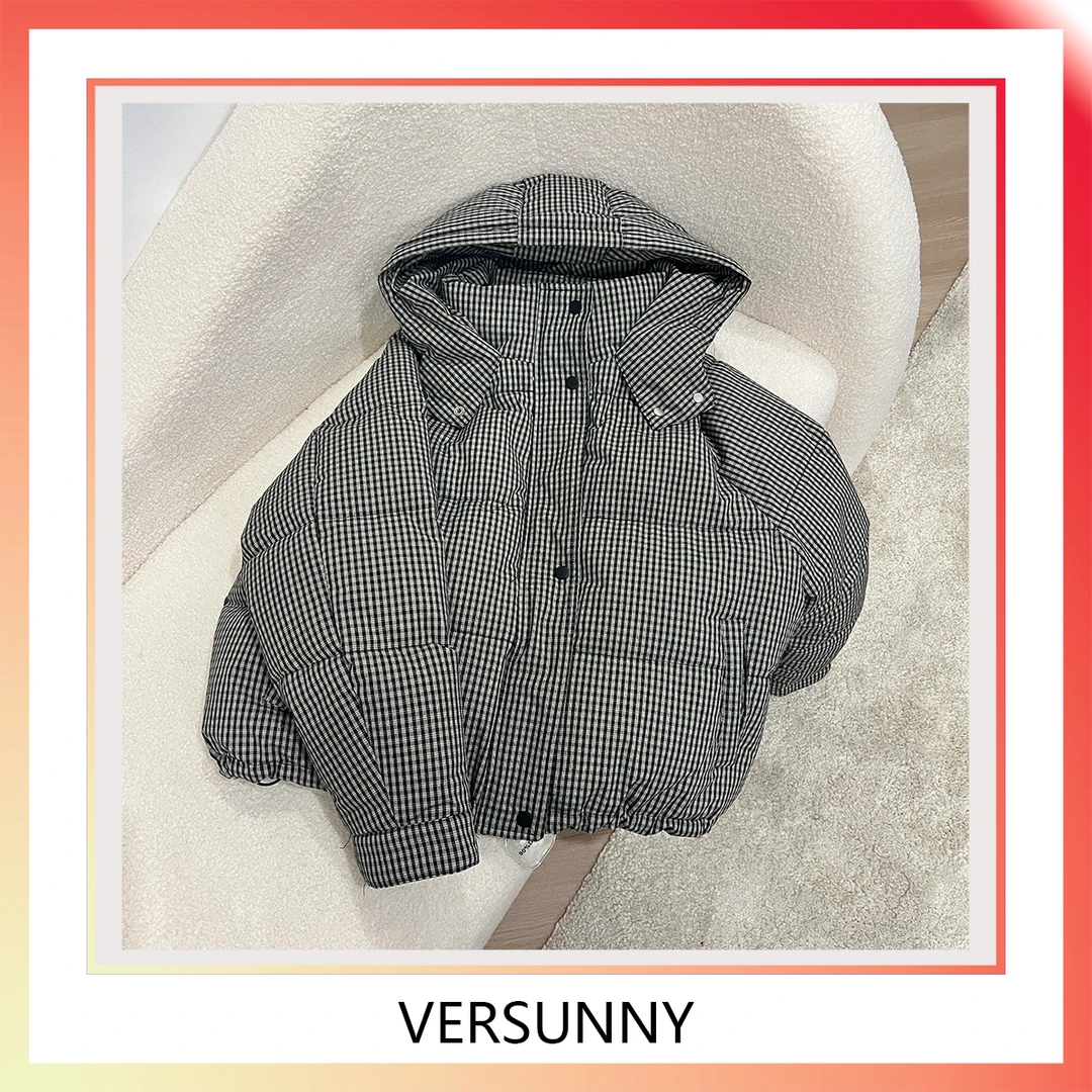 B-9216冬日温暖90白鸭绒复古连帽格子百搭羽绒外套