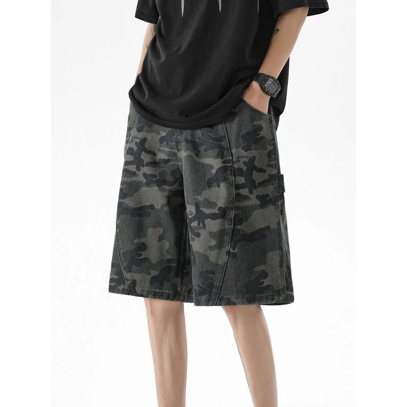 夏季美式工装休闲百搭中裤短裤水洗复古情侣宽松直筒五分迷彩裤薄