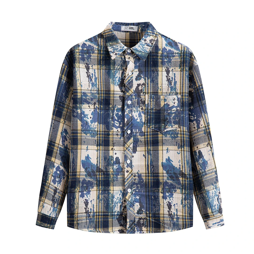 秋季新品情侣重磅扎染工艺格子衬衫长袖衬衣潮流宽松休闲复古百搭