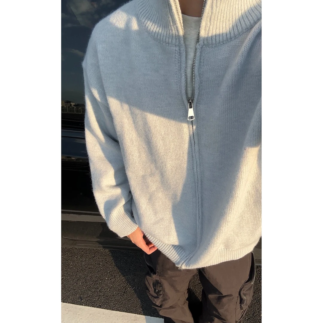 秋冬高克重立领毛衣针织休闲外套情侣宽松时尚保暖百搭情侣开衫男