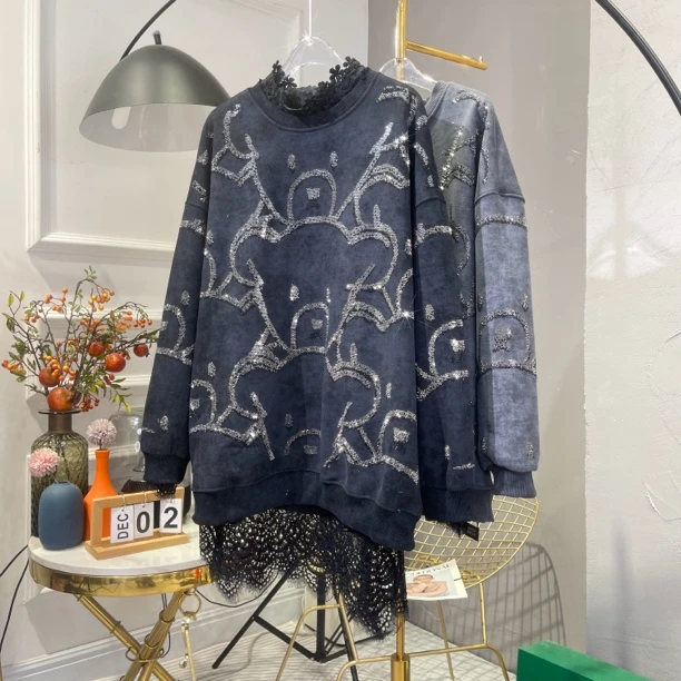 欧洲站重工烫钻加绒卫衣2024秋冬新款慵懒风圆领中长款长袖上衣潮