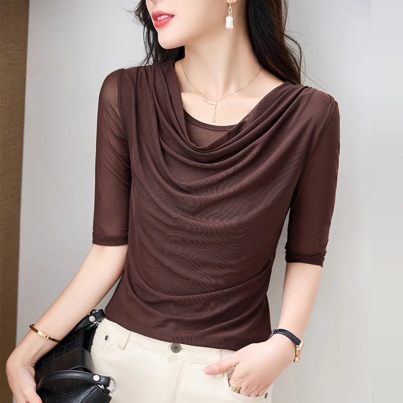 网纱上衣女夏2025新款时尚气质修身显瘦百搭五分袖堆堆领t恤小衫
