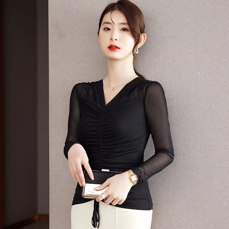 网纱v领长袖t恤女秋2025年新款抽绳网纱上衣设计感时尚显瘦小衫女