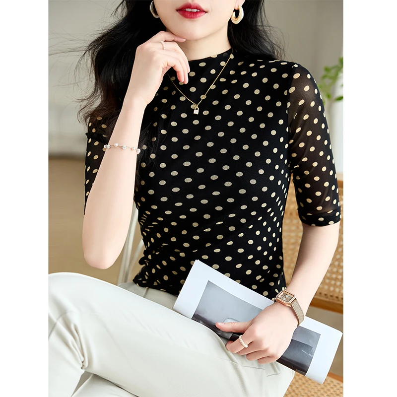 夏季百搭上衣女五分袖2025新款印花网纱T恤修身显瘦半高领打底衫