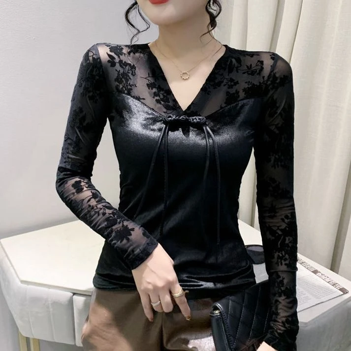 网纱拼接打底衫女秋冬2025新款复古中国风上衣性感V领长袖T恤小衫