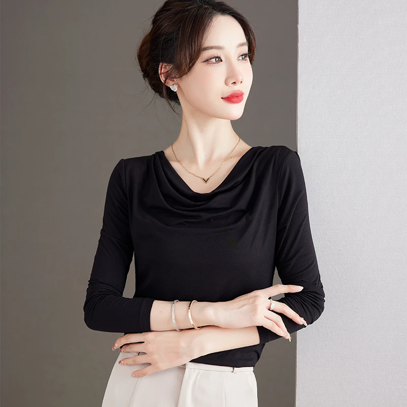 洋气堆堆领打底衫女春季2024新款长袖纯色t恤百搭显瘦时尚上衣女