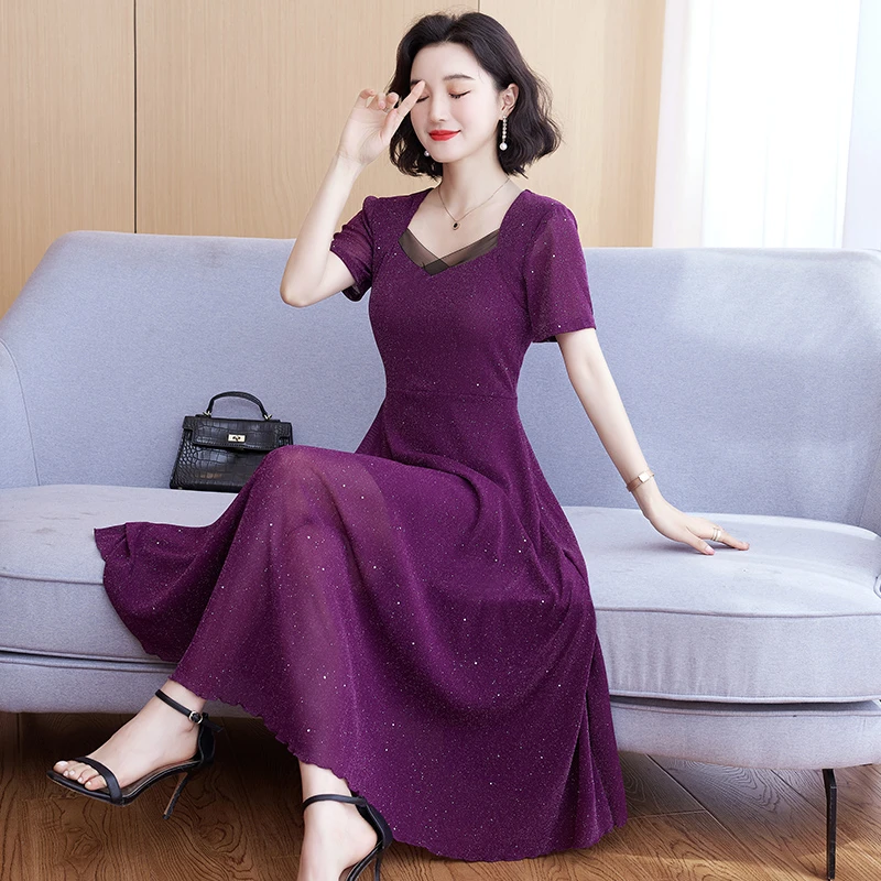 夏季气质短袖网纱连衣裙女2025新款中长款大码收腰显瘦过膝长裙子