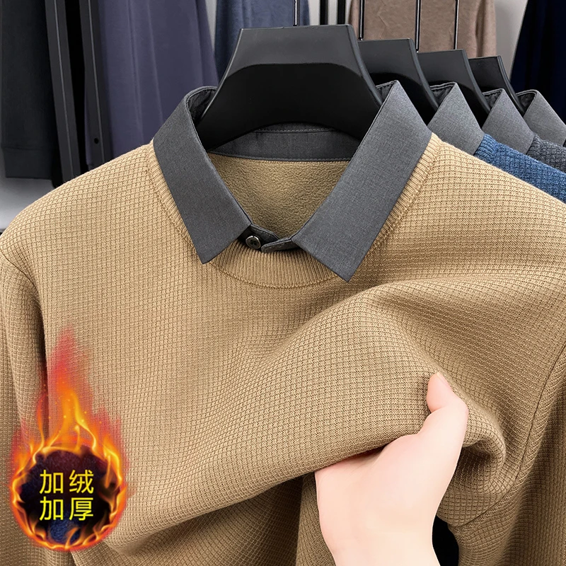 含羊毛一体绒男士假两件保暖毛衣冬季新款衬衫领加绒加厚针织衫