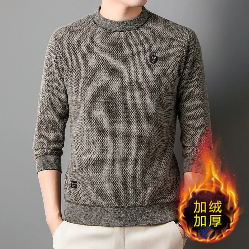 冬季提花毛衣男装加绒加厚保暖线衣圆领男士针织打底衫上衣不起球