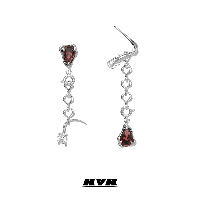 KVK 铜合金合成锆石耳饰   SPIDER 蛛序系列尖锥宝石拼接耳环气质