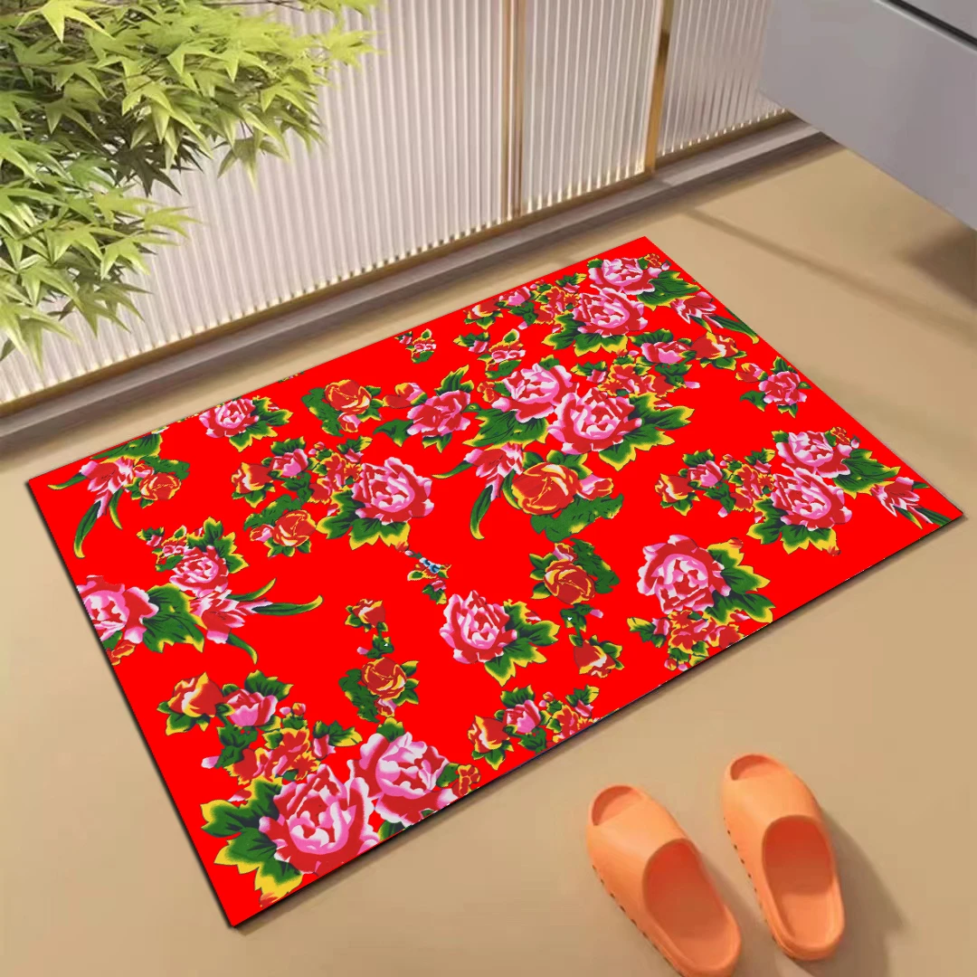 乐沃国潮复古东北大花地垫门垫家用脚垫中国风门厅地毯厚地垫丝绒