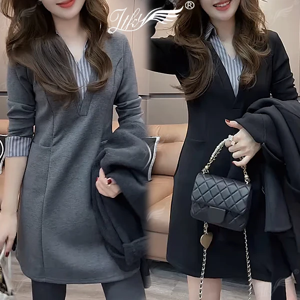 雨菲梦蓝假两件连衣裙女2024秋冬新款时尚休闲拼接高级灰显瘦裙子