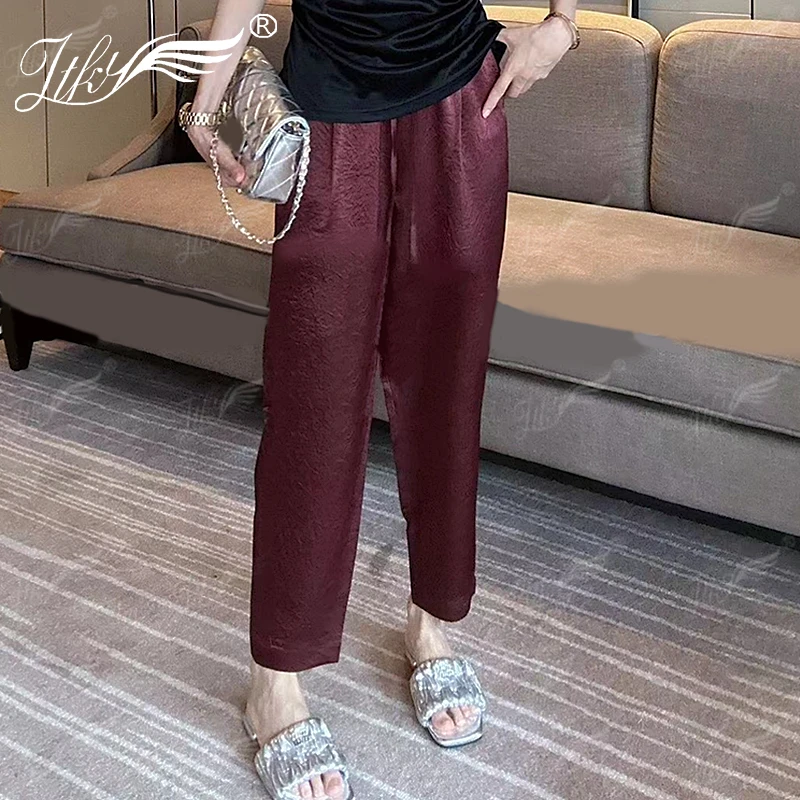 ZTKY欧货高腰醋酸压花休闲裤女新款垂感显瘦萝卜裤薄款小脚九分裤