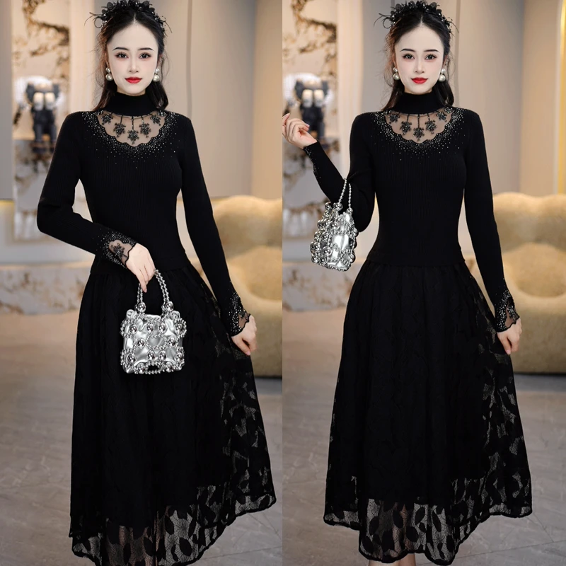 省心穿搭2024年秋季新款中长款修身显瘦长袖黑色蕾丝拼接A字裙