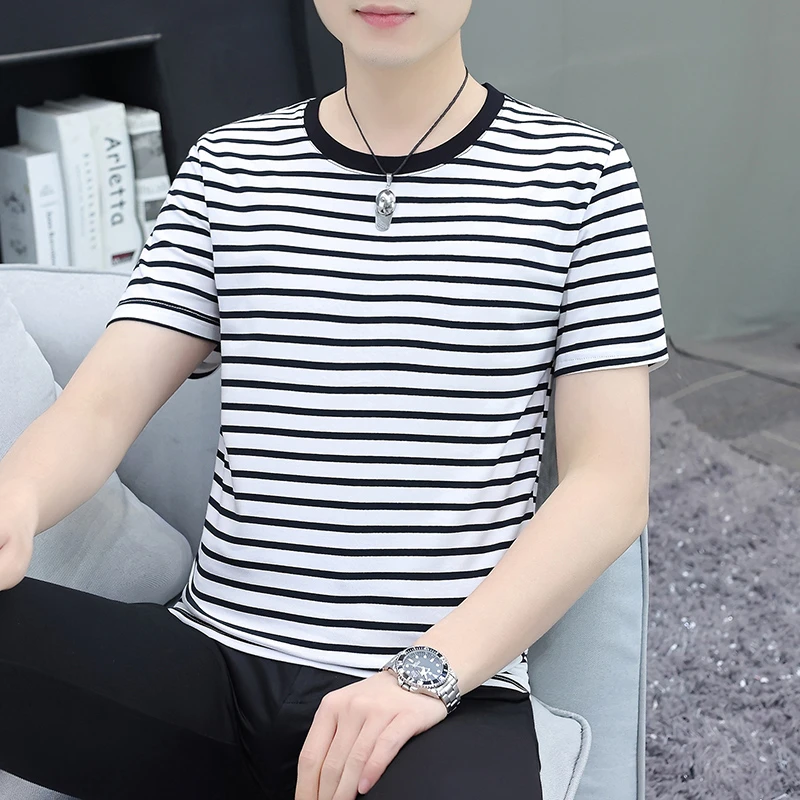圆领男士短袖夏季条纹半袖t恤薄款修身休闲百搭韩版学生透气上衣