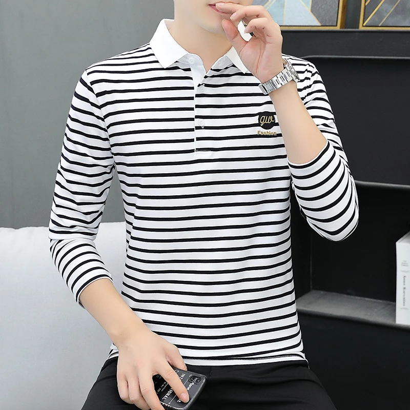 男士polo衫长袖t恤潮流休闲时尚条纹翻领上衣服秋季百搭男打底衫