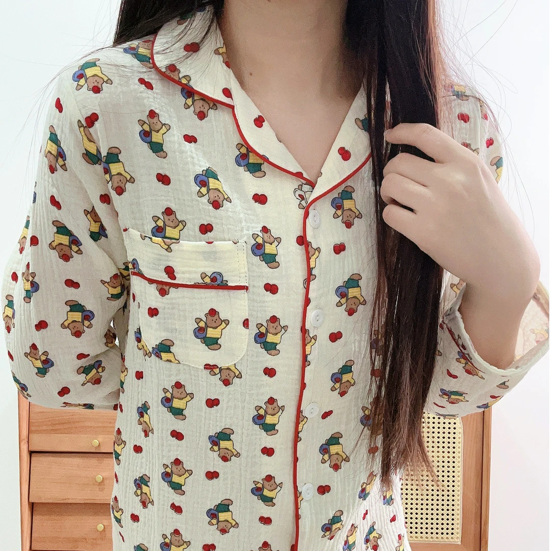 100棉长袖长裤纯棉睡衣女套装春夏透气纱布家居服宽松吸汗四季款