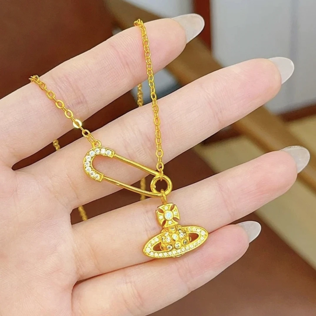 铜合金项链 铜合金 轻奢土星别针项链气质百搭款