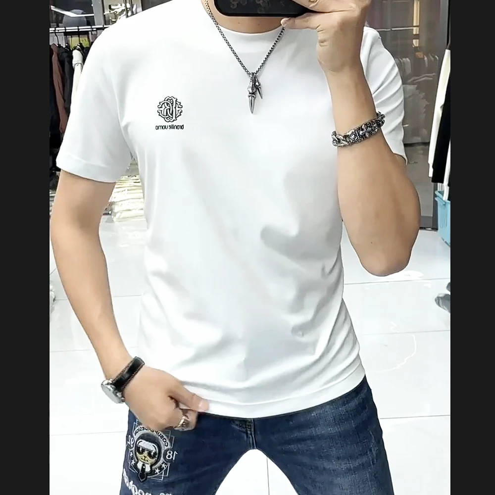 欧货高奢 高档莱卡修身男士短袖轻奢圆领半袖极简凉感创意T恤衫