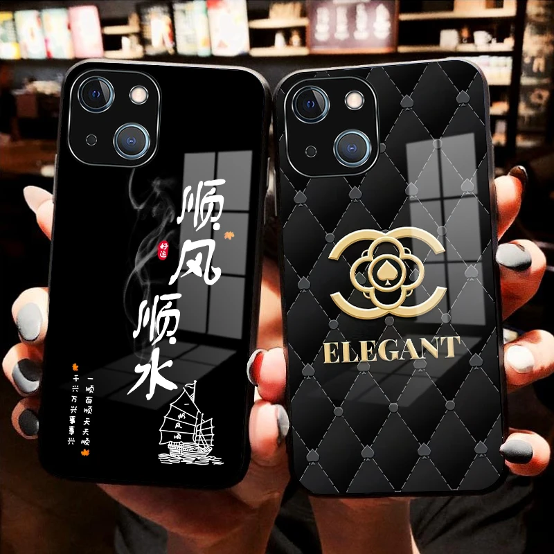 苹果/华为/小米/OPPO/VIVO创意顺风顺水镜面彩绘防摔玻璃手机壳14
