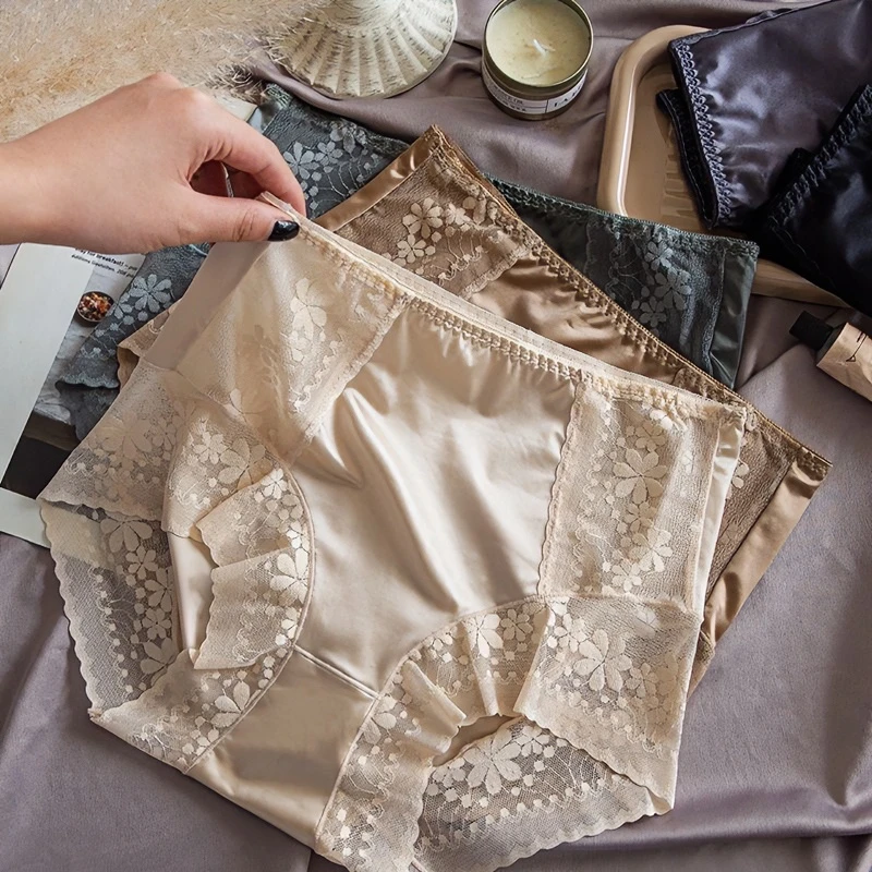 【三条装】新款中高腰收腹提臀高弹大码蕾丝缎面内裤女