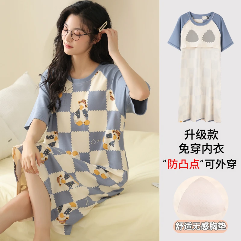 卡之恋睡裙夏季女款2025新款睡衣带胸垫蓝色格子连衣裙卡通家居服
