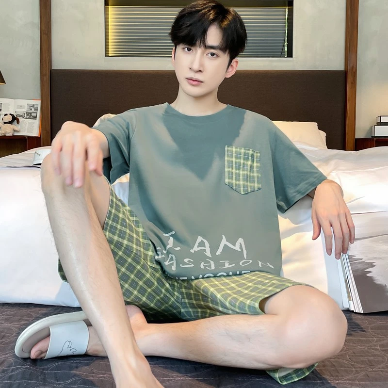 睡衣男夏季纯棉短袖圆领格子款套装薄款男士宽松夏天五分裤家居服