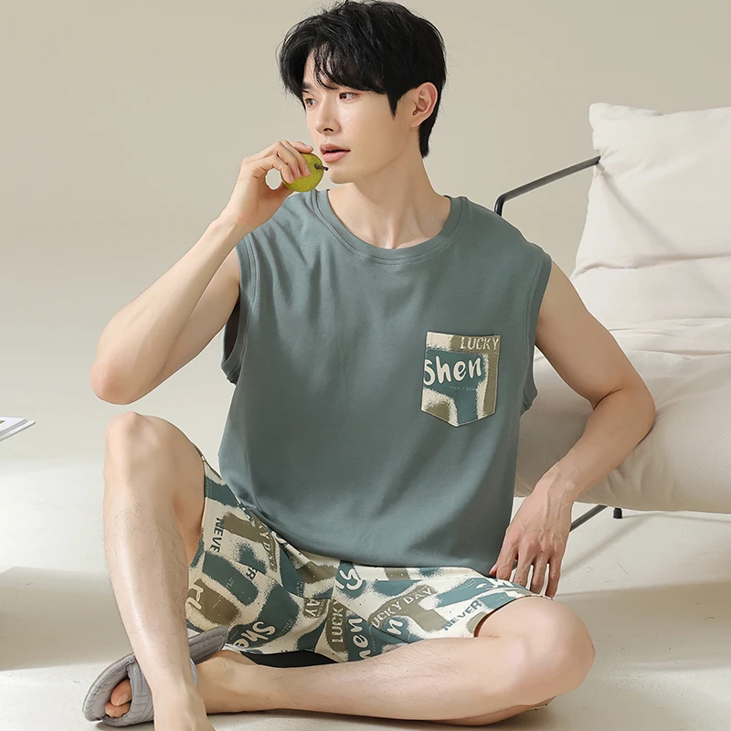 卡之恋青少年夏季睡衣男款纯棉背心短裤套装沙滩可外穿坎肩家居服