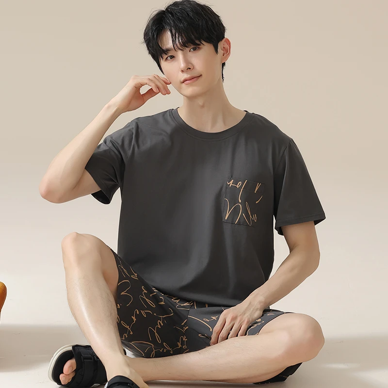 卡之恋男款睡衣夏季纯棉薄款短袖短裤休闲简约字母学生青年家居服