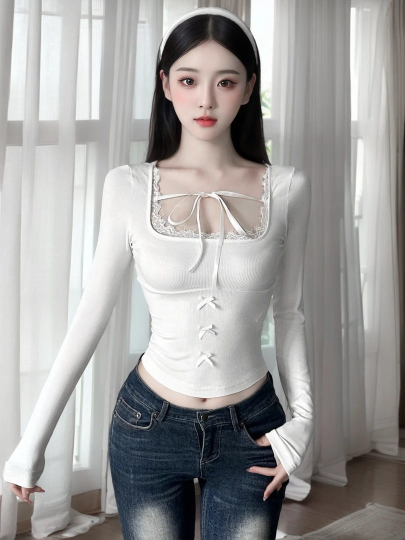 赛猪头家少女感蕾丝拼接方领针织T恤女蝴蝶结修身长袖上衣1188