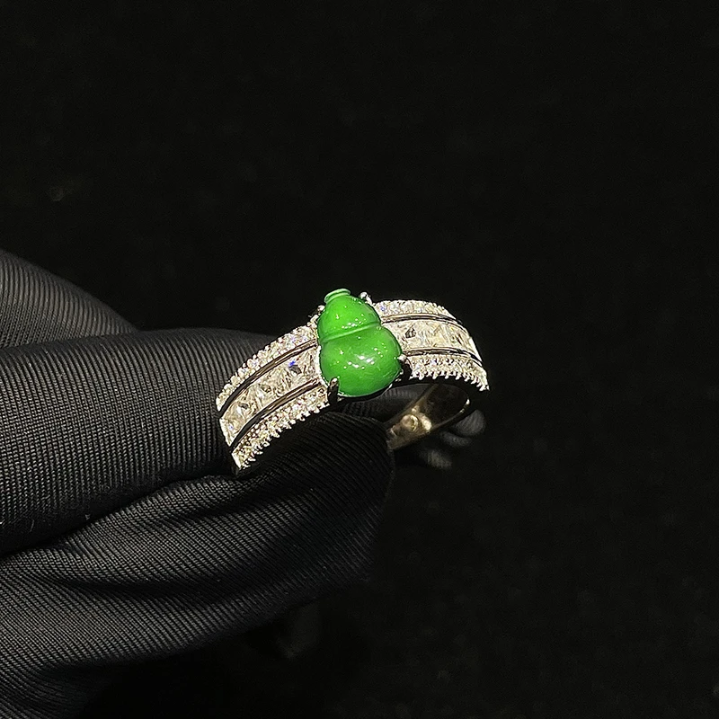 哈妮珠宝 天然翡翠a货925银镶嵌葫芦满绿戒指开口戒