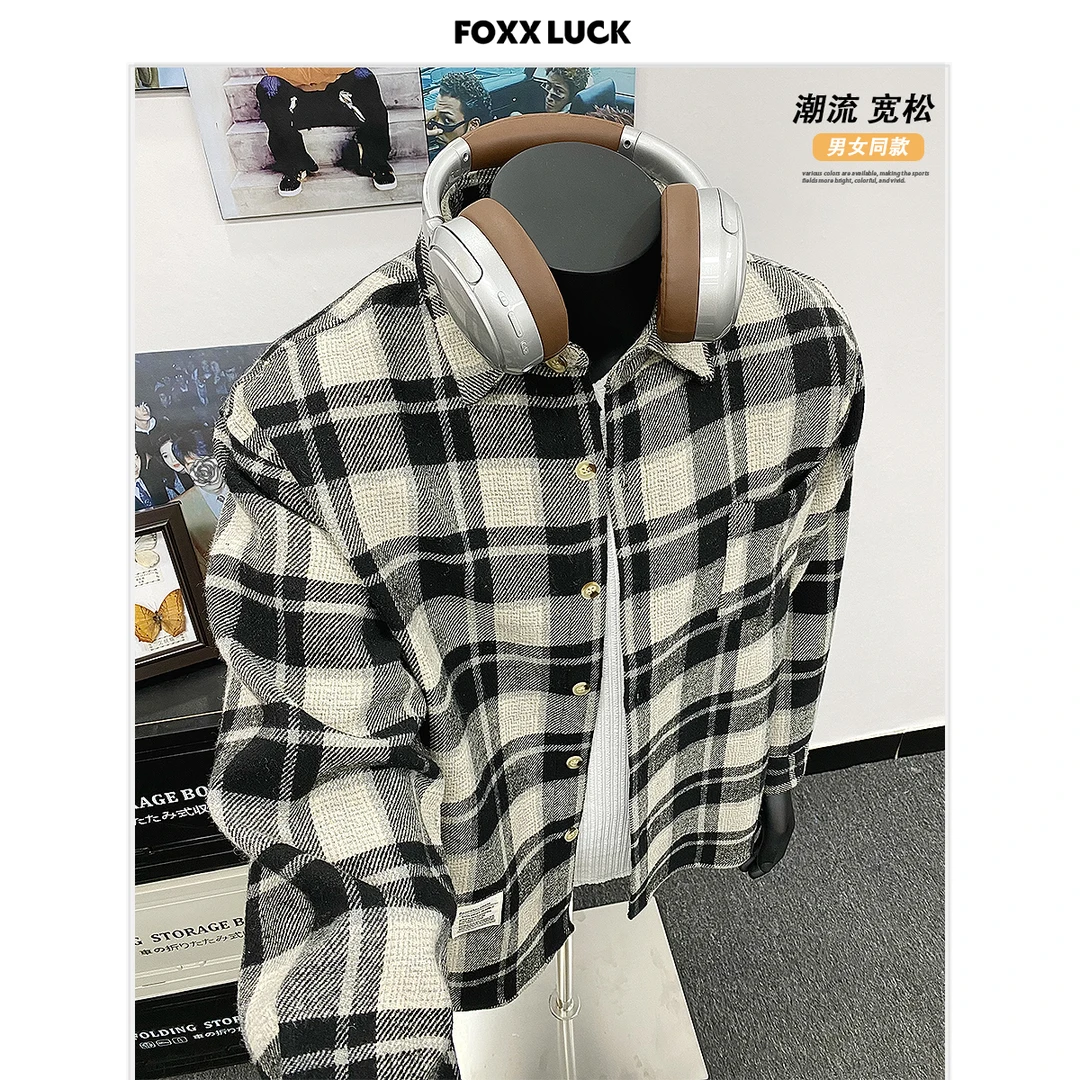 秋冬潮牌情侣款毛呢外套加厚款复古格子呢料衬衫男士百搭休闲外套